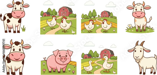 Cartoon farm animals illustration with cow, pig, goat, chicken, duck, barnyard, countryside, agriculture, nature
