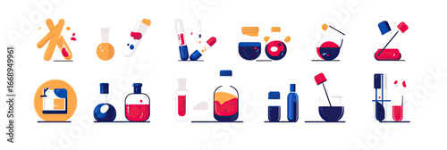 Laboratory medical testing equipment set with test tubes blood samples beakers and flasks in flat minimalist vector style for healthcare research and analysis concept