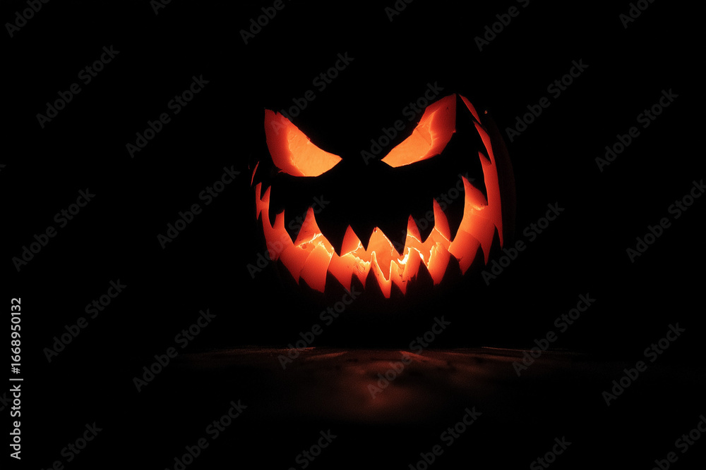 Fototapeta premium Evil Glowing Jack-o’-Lantern in the Dark