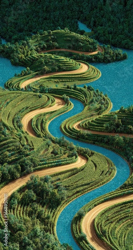 Winding road through terraced hills, beside a flowing river. Lush green foliage