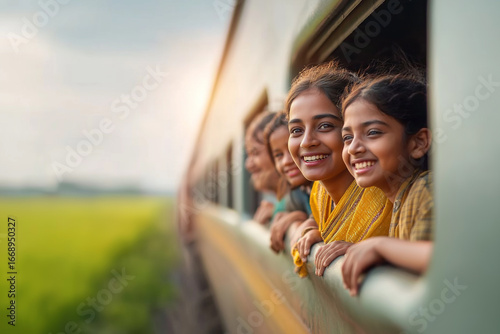 Parents and kids gazing out of train window during travel