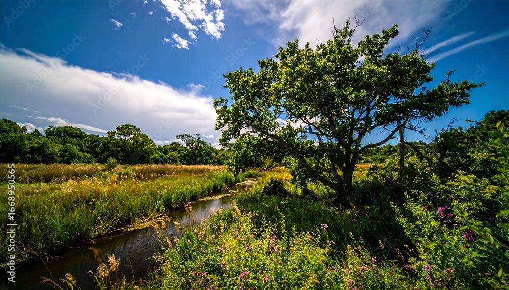 Fototapeta premium Sunny meadow with a flowing stream