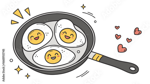 cute cartoon happy fried eggs in a frying pan isolated on white background.