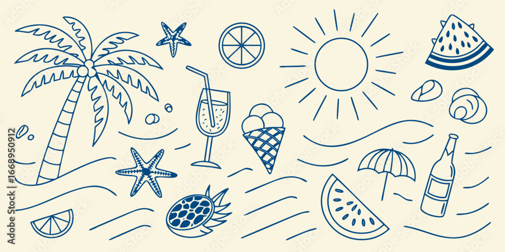 Fototapeta premium tropical nautical line art blue ink palm trees starfish maritime beach illustrations design.