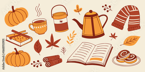 cozy autumn fall illustrations pumpkins coffee books scarf warm orange brown