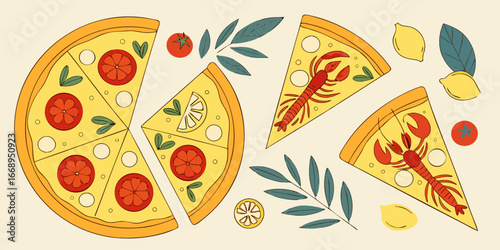 italian pizza food illustration colorful pepperoni tomatoes olive branches cuisine illustration design.