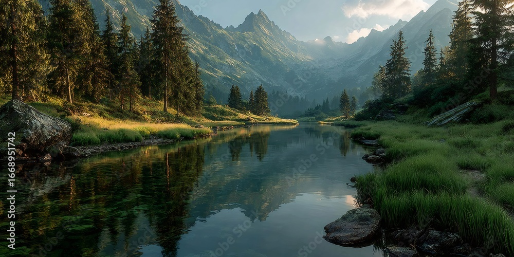 Naklejka premium Crystal clear mountain lake reflecting majestic peaks at sunrise