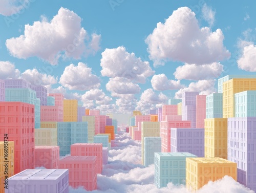 Abstract Futuristic Cityscape with Pastel Cubes and Clouds