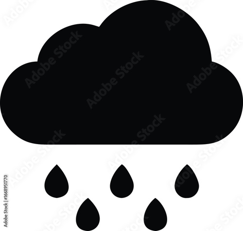 Rain Cloud Vector Silhouette Black Weather Icon Symbol with Raindrops for Forecast Apps, Climate Graphics, and UI Design