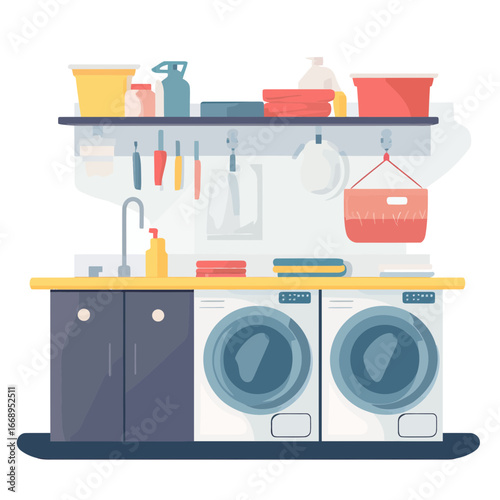 Minimalist laundry room interior with front-load washing machine and dryer, utility sink, storage cabinet, shelves with cleaning supplies, towels, and hanging laundry basket in flat vector style