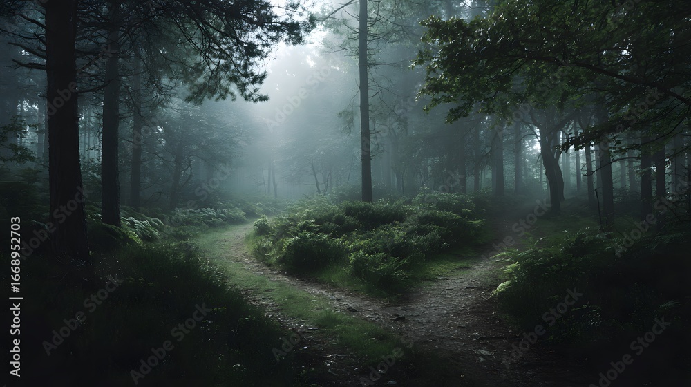 Obraz premium Misty forest with diverging paths, atmospheric light guiding uncertain choices