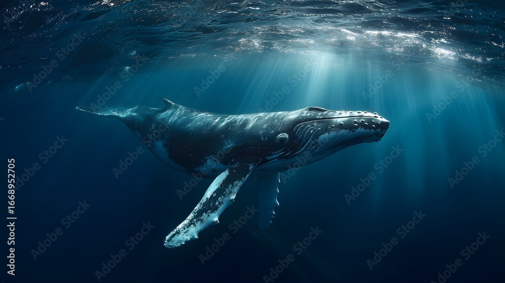 Naklejka premium The blue whale gliding near the surface with a view of the azure sky.