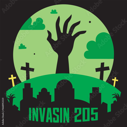 Zombie Hand Rises from Graveyard Under a Green Moon with "Invasin 205" Text