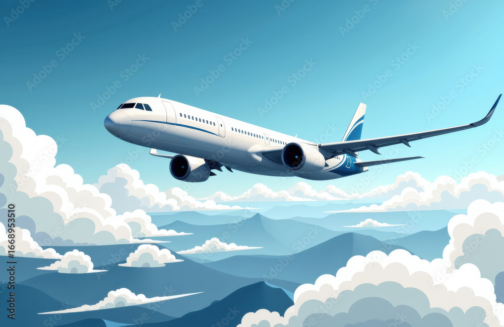 Fototapeta premium A commercial airplane flying high above the clouds in clear blue skies