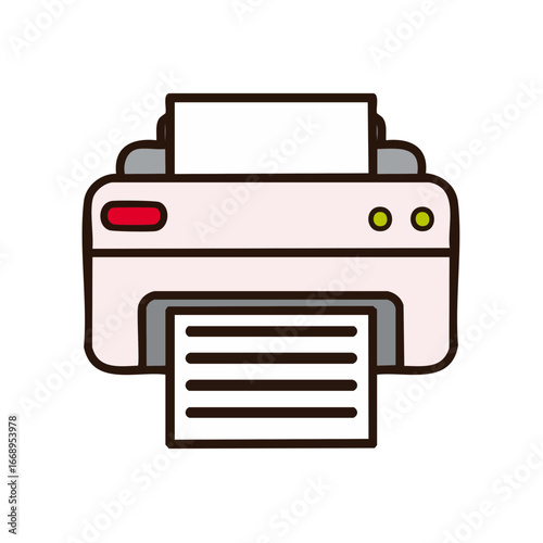 A graphic illustration of a printer with a document. The printer features a paper tray.