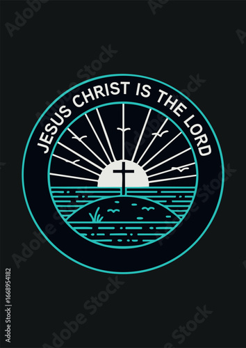 Jesus Christ is the Lord Logo Design: A depiction of Jesus Christ in a religious logo design. The design features a cross over the sun with blue ocean around it, symbolizing Jesus