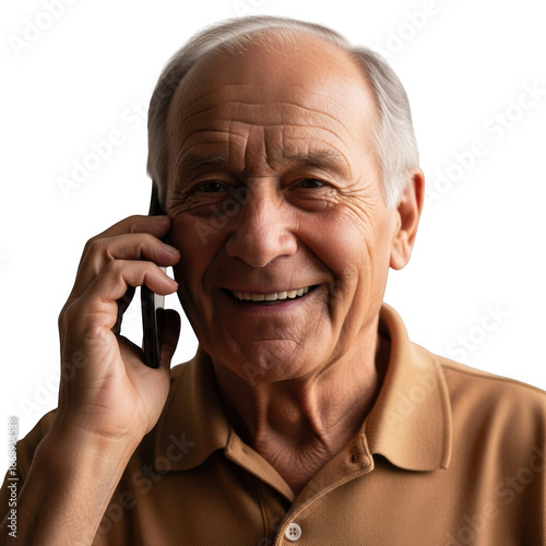 Smiling elderly man talking on cell phone isolated on transparent background