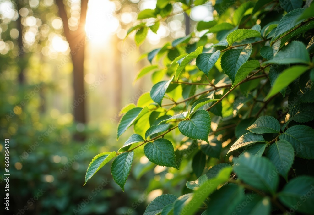 Obraz premium Sunlight filters through lush green leaves in a peaceful forest scene