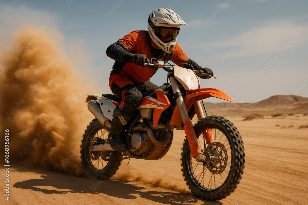 Obraz premium Motocross rider racing on a dirt bike through a vast desert landscape, kicking up clouds of dust and showcasing thrilling speed and power