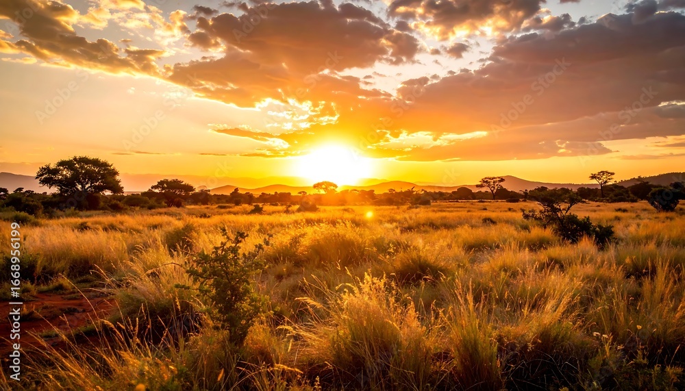 Obraz premium Golden Sunset over African Savanna Landscape.