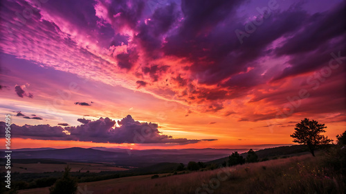 Colorful sunset with dramatic clouds over a scenic landscape