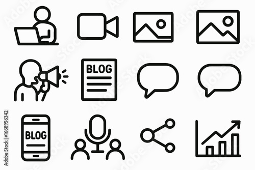 Set of 12 black blogging and content creation icons in flat vector style with white background, perfect for social media, influencer platforms, and creative apps.