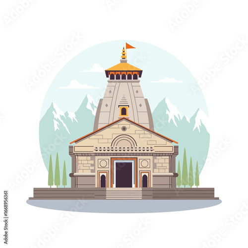 Illustrated Kedarnath Temple, Himalayan Style, Beige Stone, Golden Dome.