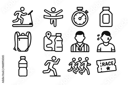 Collection of 12 black running and sports event icons in flat vector style with white background, ideal for apps, race organization, and athlete tools.