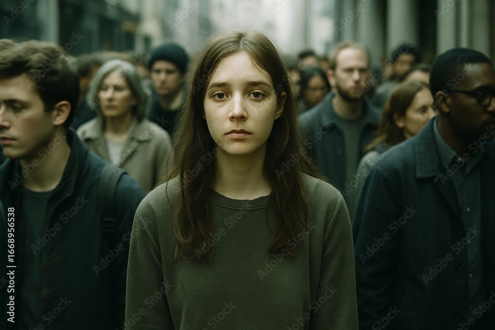 Fototapeta premium A young woman in a crowd looks directly at the viewer, conveying a serious mood.