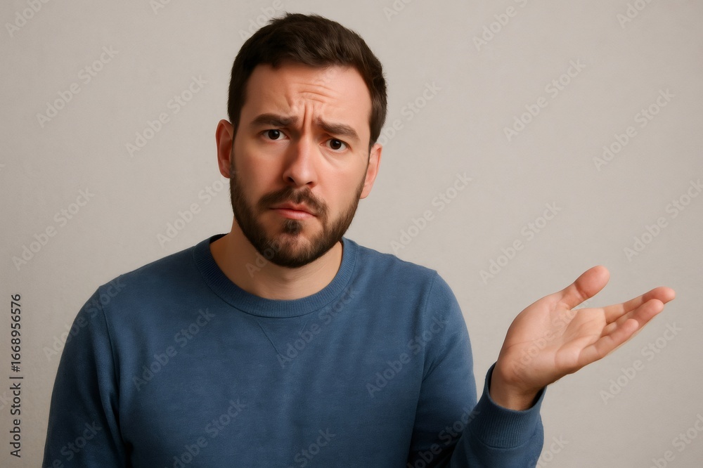 Fototapeta premium Young man displaying a curious expression while gesturing with his hand, conveying feelings of doubt and seeking answers in a studio setting