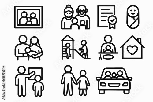 Set of 12 black family and adoption icons in flat vector style with white background, perfect for social apps, childcare, and parenting platforms.