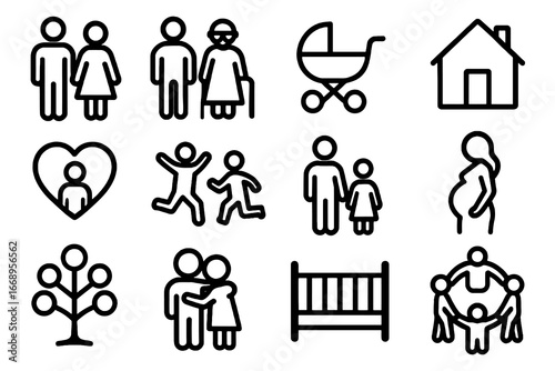 Set of 12 black family and parenthood icons in flat vector style with white background, perfect for apps, childcare, and social projects.
