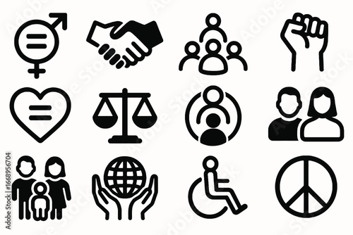 Set of 12 black inclusivity and equality icons in flat vector style with white background, perfect for diversity apps, NGOs, and awareness campaigns.