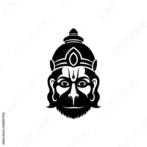 Stylized Black and White Illustration of Lord Hanumans Face with Crown.