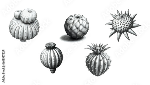 Discover stunning botanical illustrations of unique cactus and poppy seed pod varieties, perfect for educational, artistic, or design projects.