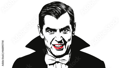 A classic depiction of the iconic vampire, complete with a stern gaze, sharp features, and a bold, menacing presence. The image, rich in character.