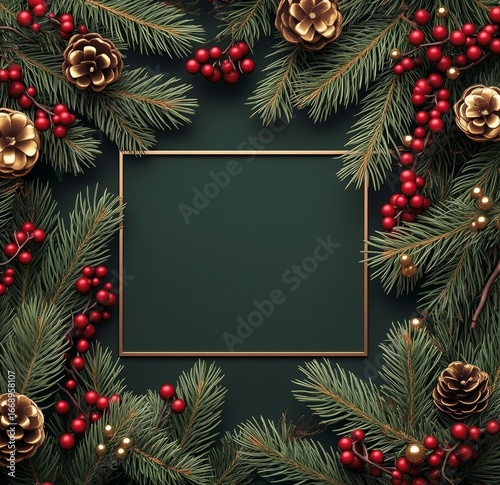 Festive Holiday Decoration Featuring Evergreen Branches and Ornaments on a Da...