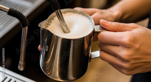 Close-up of milk being steamed with espresso machine wand for making latte art