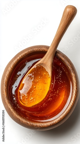 Decorative Wooden Bowl Filled With Golden Honey and a Wooden Spoon Resting In...