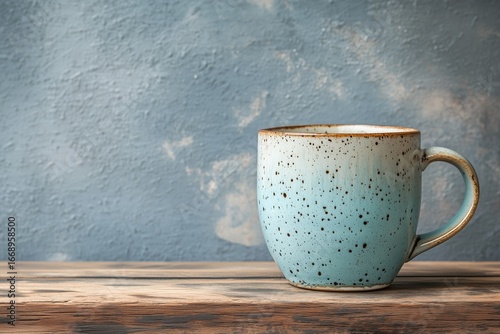 Beautiful Speckled Mug on Wooden Table Against Soft Blue Background Showcasin...
