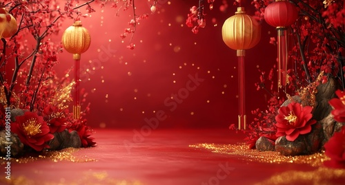 Festive Atmosphere With Decorative Lanterns and Flowering Branches on a Vibra...