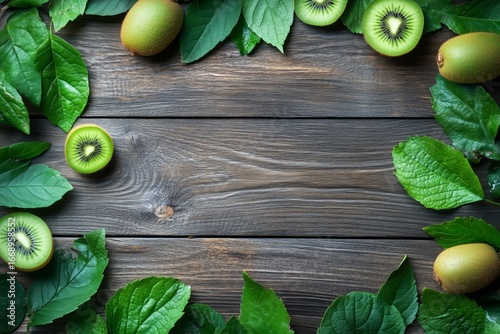 Fresh Kiwi Fruits and Green Leaves Arranged Beautifully on Wooden Surface for...