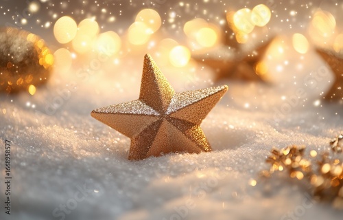 Glittering Golden Stars Resting on Snow With Warm Lights in a Winter Wonderla...