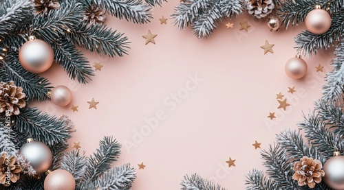 Elegant Holiday Frame With Fir Branches and Ornaments on a Soft Pink Background