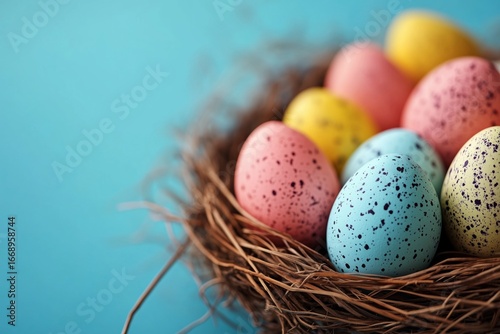 Colorful Speckled Eggs Nestled in a Straw Nest on a Vibrant Blue Background.