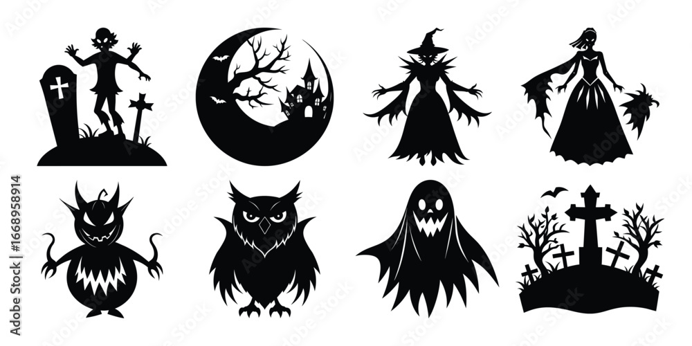 Fototapeta premium Halloween Silhouette Set of Spooky Characters and Elements for Creepy Decorations