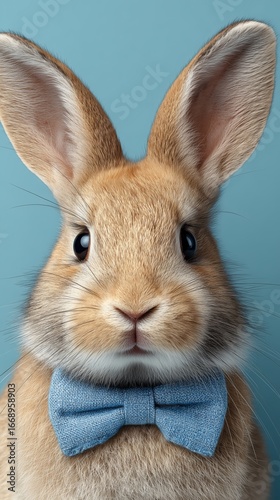 Adorable Brown Rabbit in a Blue Bow Tie Against a Solid Background