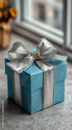 Gift Box Wrapped in Blue Paper With Silver Ribbon Sits on a Table by the Window