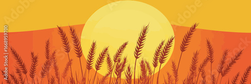 Minimalist vector illustration of golden wheat field at sunset with large sun and orange sky background flat design agricultural landscape