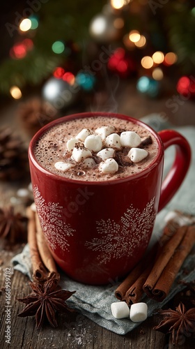 Warm Hot Chocolate Topped With Marshmallows in a Festive Setting Near a Chris...